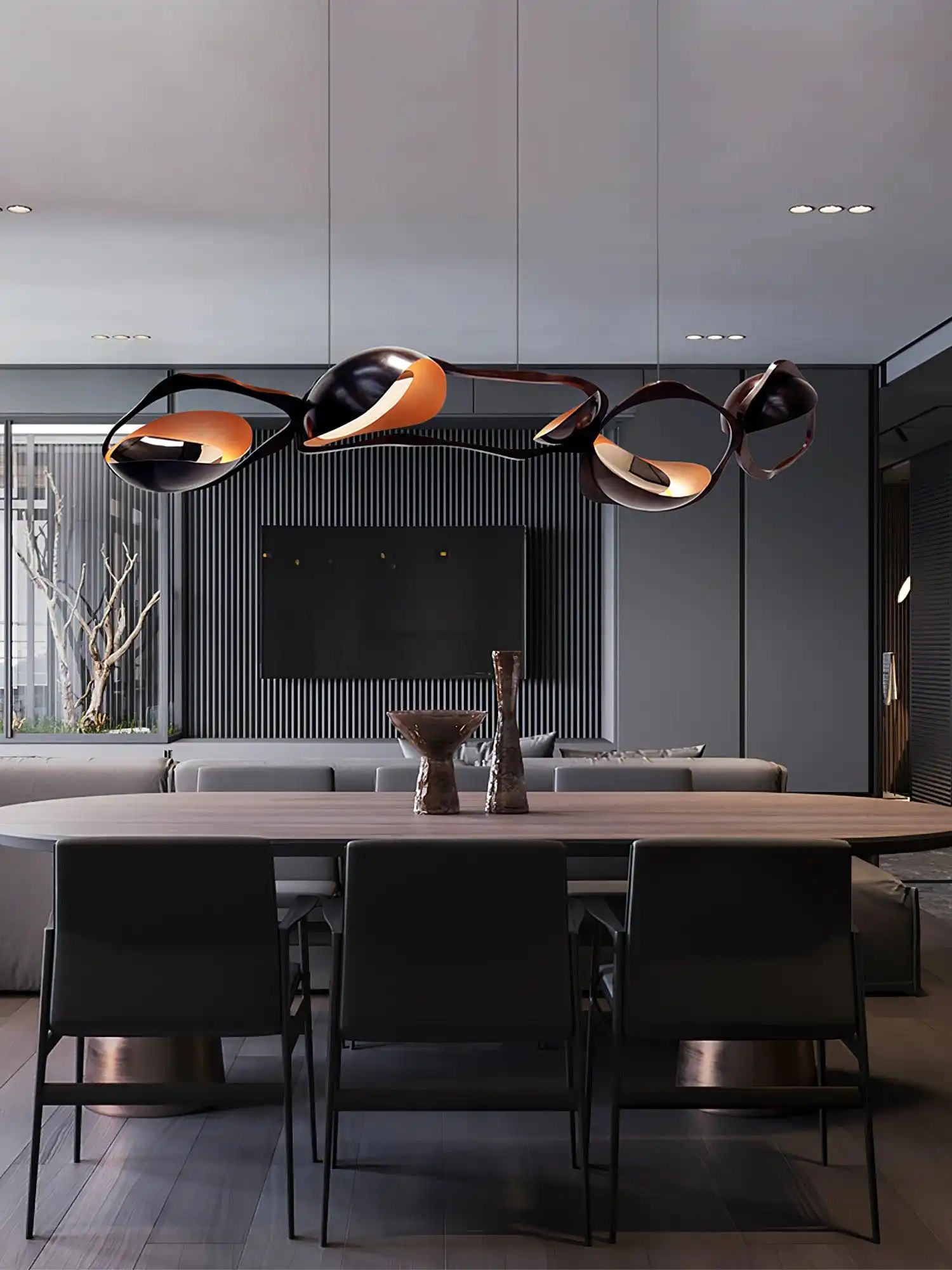 Modern living room with designer pendant lights